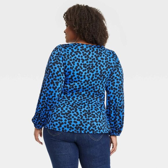 Ava & Viv Plus Size 3X Women's Long Balloon Sleeve Tie-Front Shirt Polka Dot - Picture 2 of 12